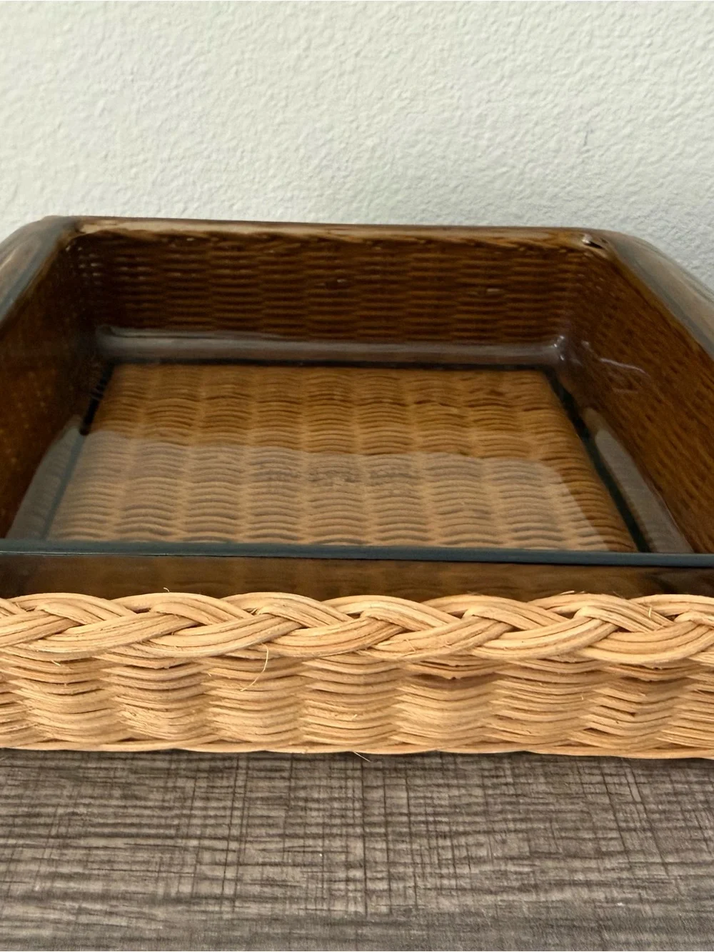 PYREX Fireside Square Amber Glass Casserole Dish with woven Basket Vintage